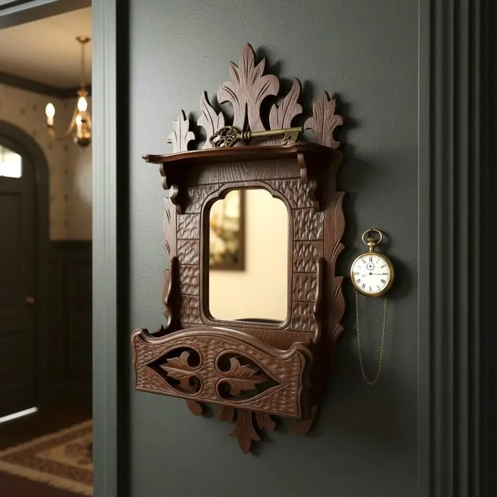 Antique Victorian Eastlake Wall Mirror Pocket Shelf-Carved Walnut-Gothic Hall